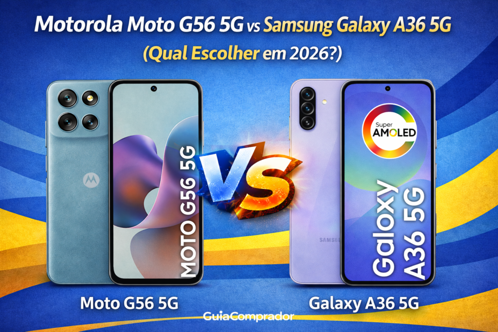 Motorola Moto g56 vs Samsung Galaxy A36: Qual o melhor celular intermediário de 2026? Confira o comparativo de câmeras, bateria, tela e descubra qual vale a pena!