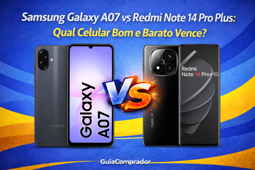 Descubra no comparativo Samsung Galaxy A07 vs Redmi Note 14 Pro Plus qual celular bom e barato vence. Analisamos câmera, bateria e desempenho para você comprar sem erro!