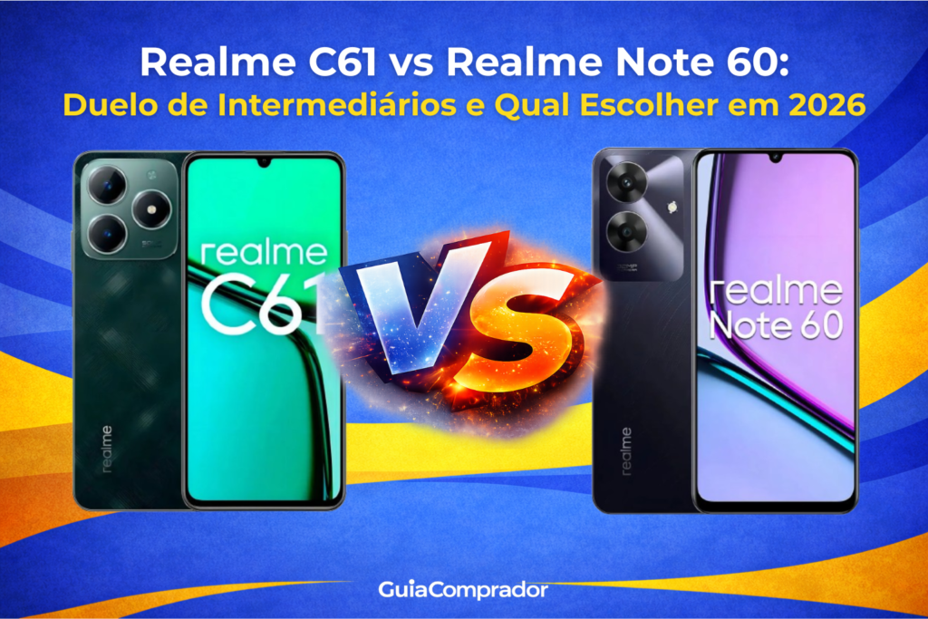 Realme C61 vs Realme Note 60: Compare os intermediários da Realme em 2026. Descubra qual oferece o melhor desempenho, câmera e custo-benefício para você.